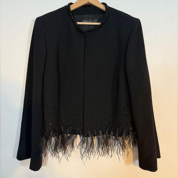 Marina Rinaldi Made in Italy Black Beaded Feather Hem Blazer Jacket IT 52 /US 18 - Picture 2 of 8